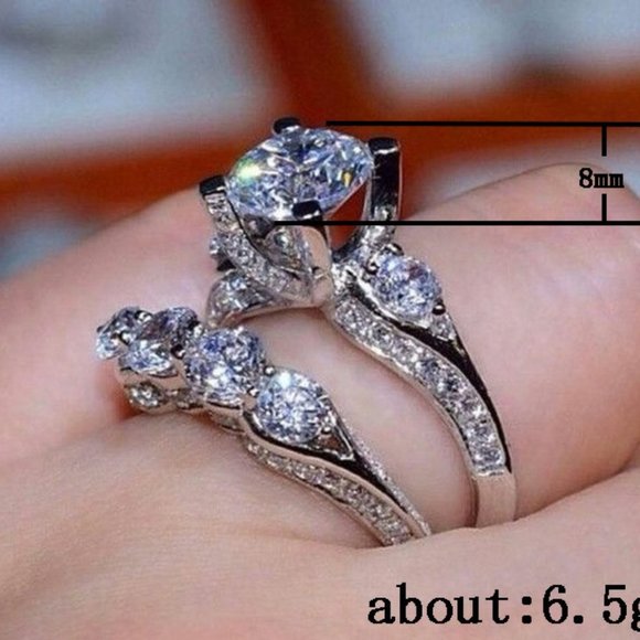 NEW 2PC/Set Silver Round Diamond Engagement Ring 1 - Picture 2 of 2